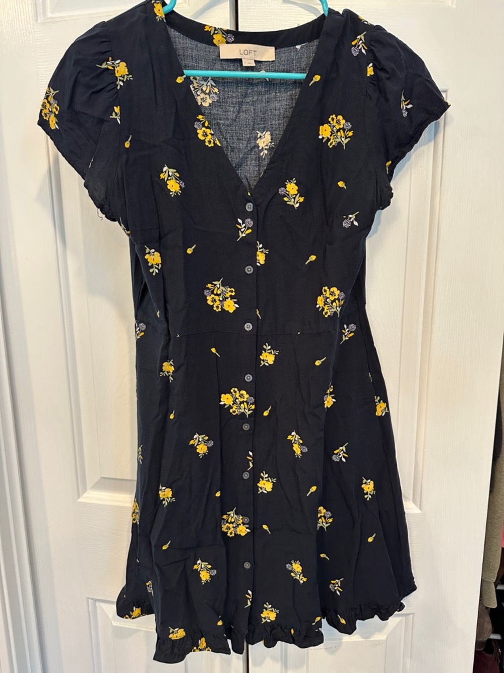 LOFT Black Mini Dress with Yellow Floral Print